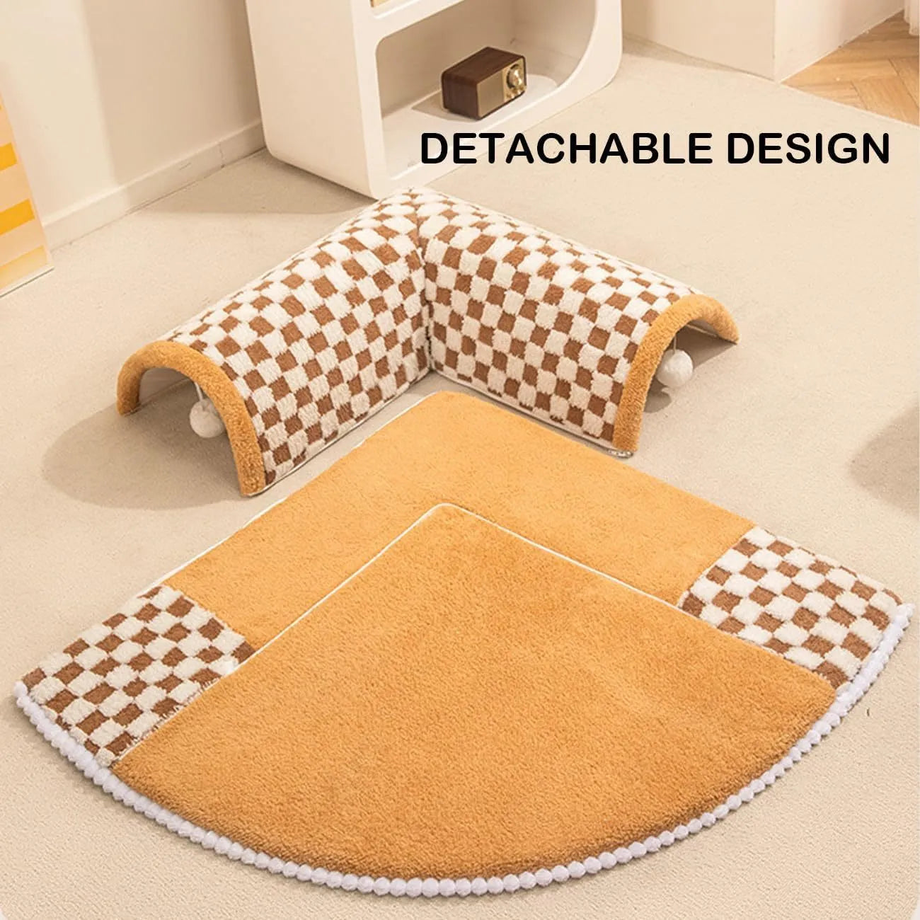 Fan-shaped plush pet bed with integrated tunnel, XL size 80cm, coffee colour with anti-slip base