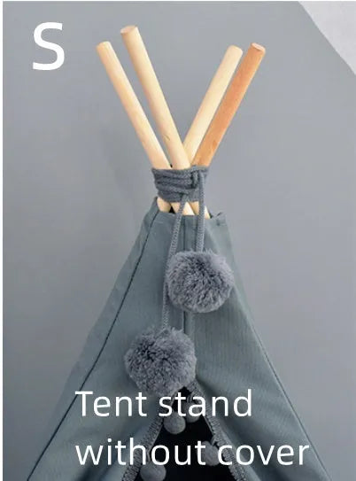 Canvas pet tent bed in teepee style with pine wood frame and removable cushion, suitable for cats and small dogs, size L shown.