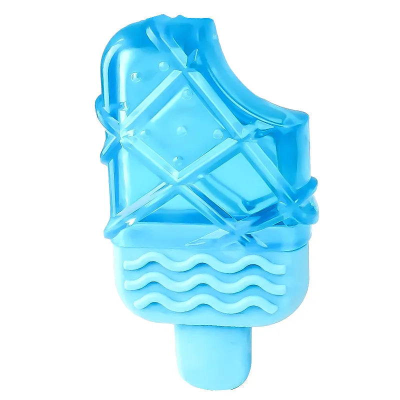 Set of three hollow silicone dog toys: a blue pacifier, a red popsicle, and a green ring for filling with water and freezing.