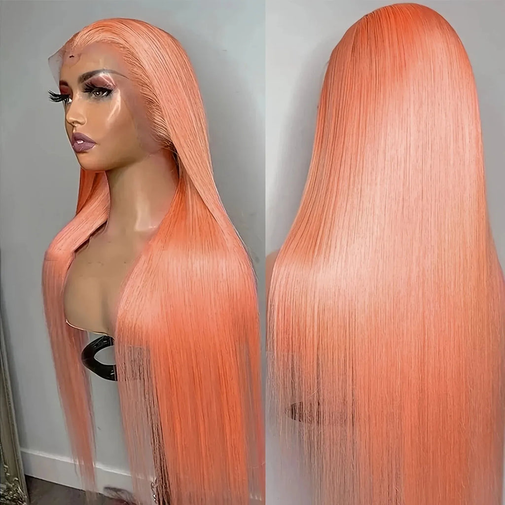 Light orange long straight front lace wig made from high-temperature fibre