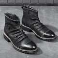 Brown mid-calf cowboy boots with side zipper, round toe, and horseshoe heel on wooden floor