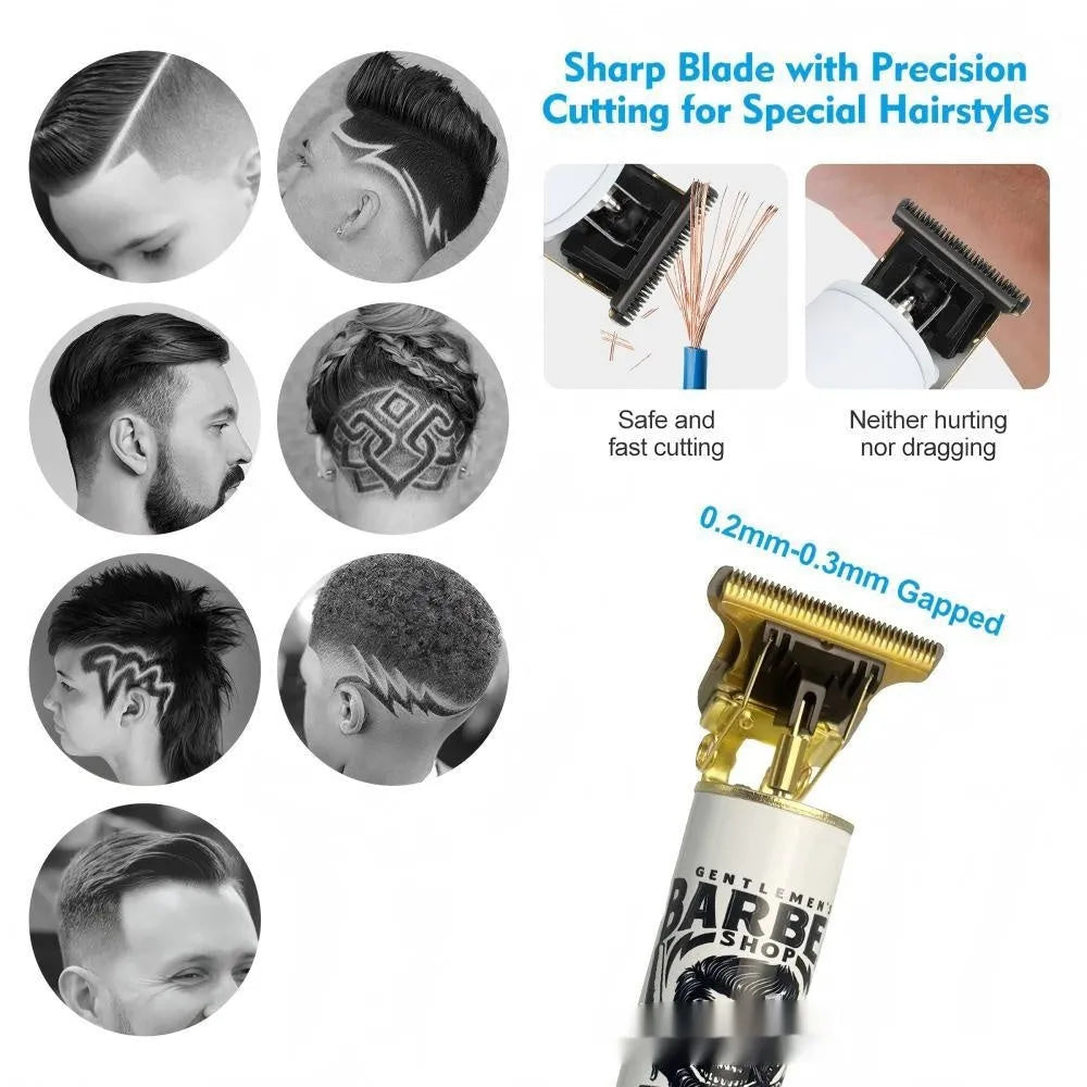 Rechargeable hair clipper with stainless steel cutter head and plastic guards on white background