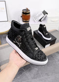 Men's black high-top skeleton shoes with genuine leather upper and lace-up closure on a rubber sole.