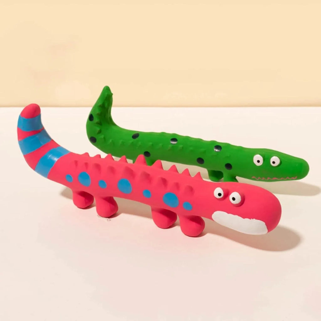 Green cartoon lizard shaped latex dog chew toy with squeaker for aggressive chewers