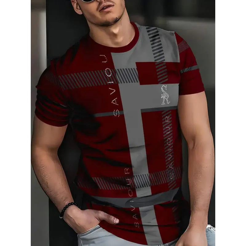 Man wearing a loose-fit short sleeve t-shirt with a raised digital 3D printed stripe pattern in blue.