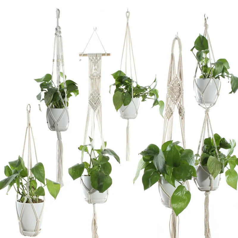 Beige cotton rope flower pot net bag handmade plant hanger hanging basket sling with adjustable bottom