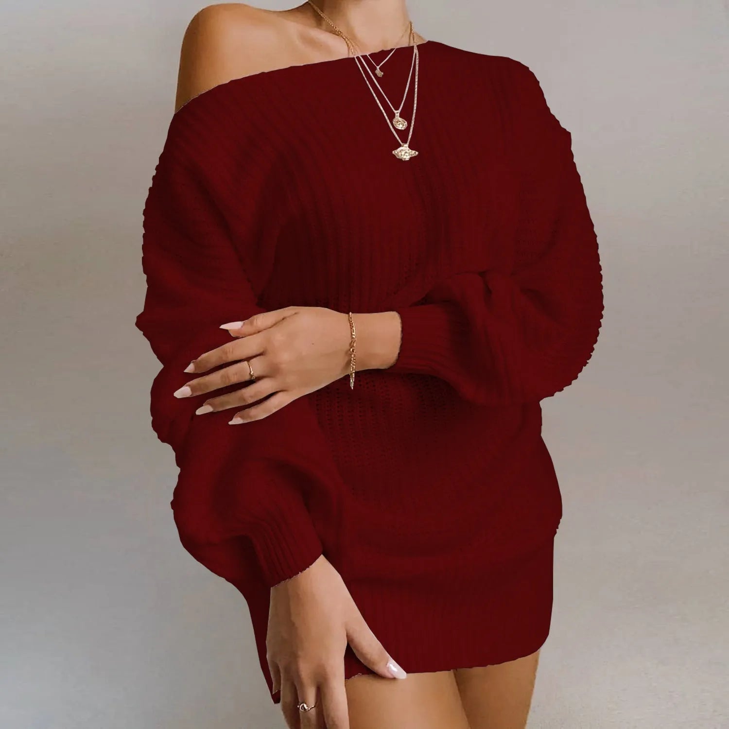 Women's off-the-shoulder knitted sweater dress with lantern sleeves in solid colour