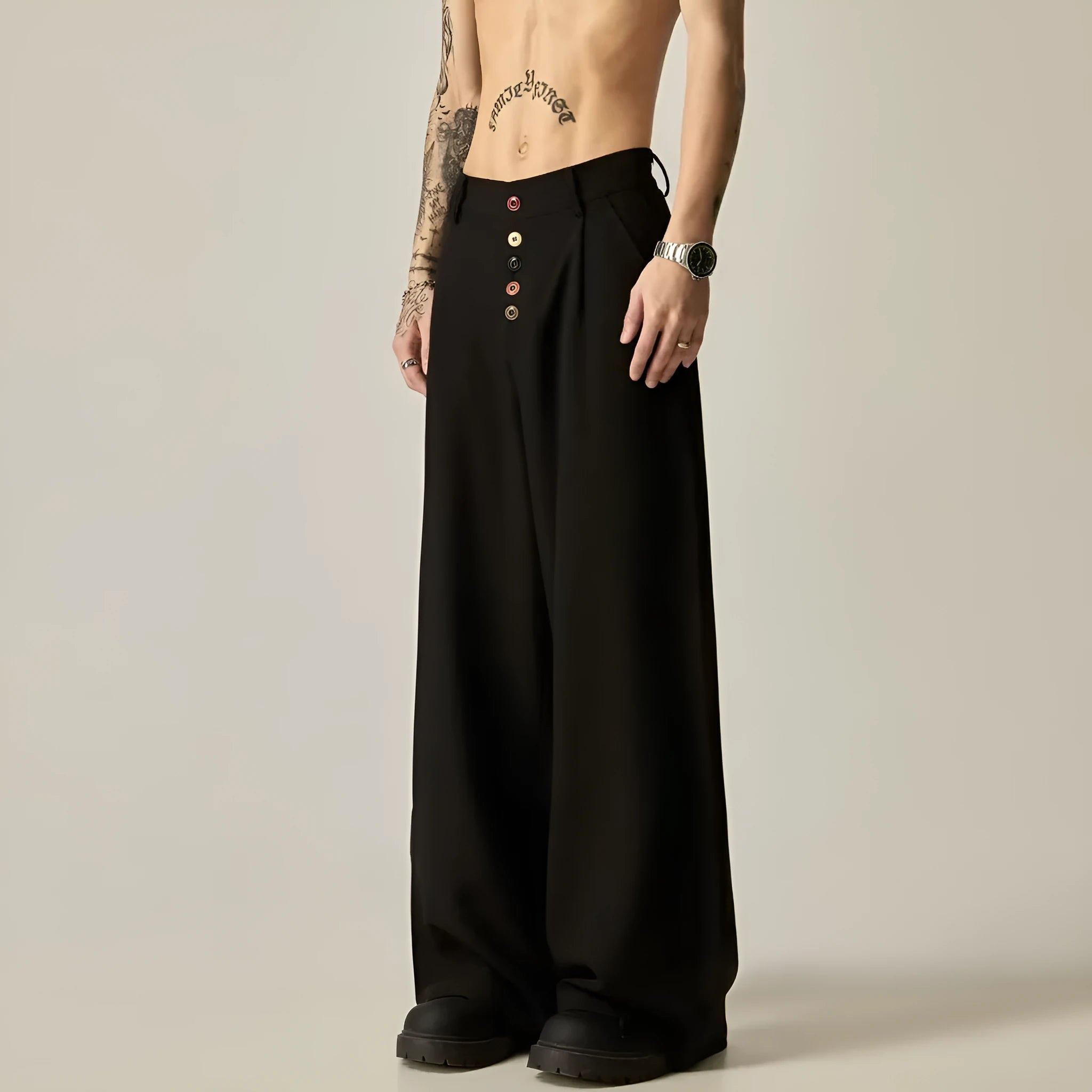 Men's black wide-leg casual trousers with vertical tube design and straight-leg styling