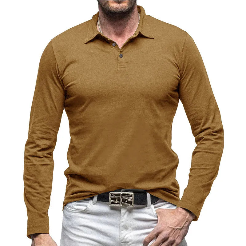 Men's polo collar long sleeve cotton T-shirt in American retro style, shown in dark grey.