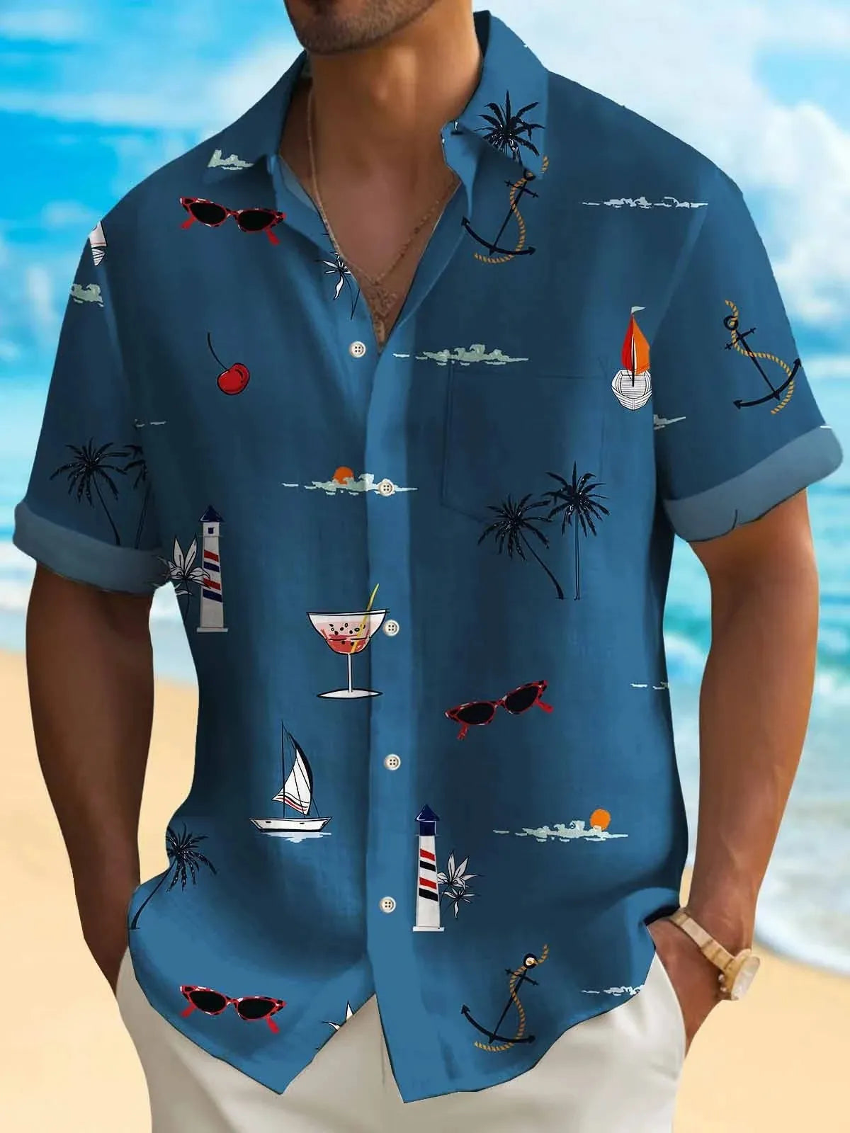 Men's loose fit short sleeve Hawaiian shirt with a colourful digital print pattern on polyester fabric.