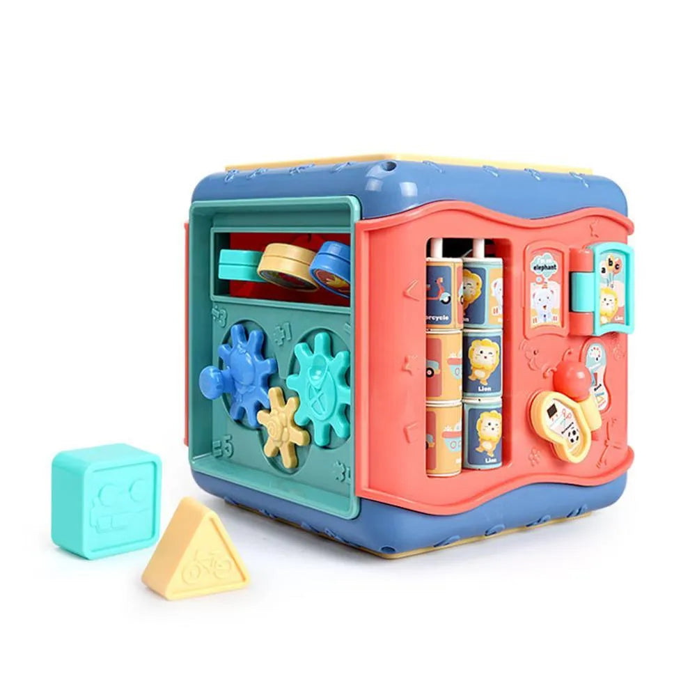 Colourful hexahedron educational toy with six different Montessori activity faces including bead maze and clock