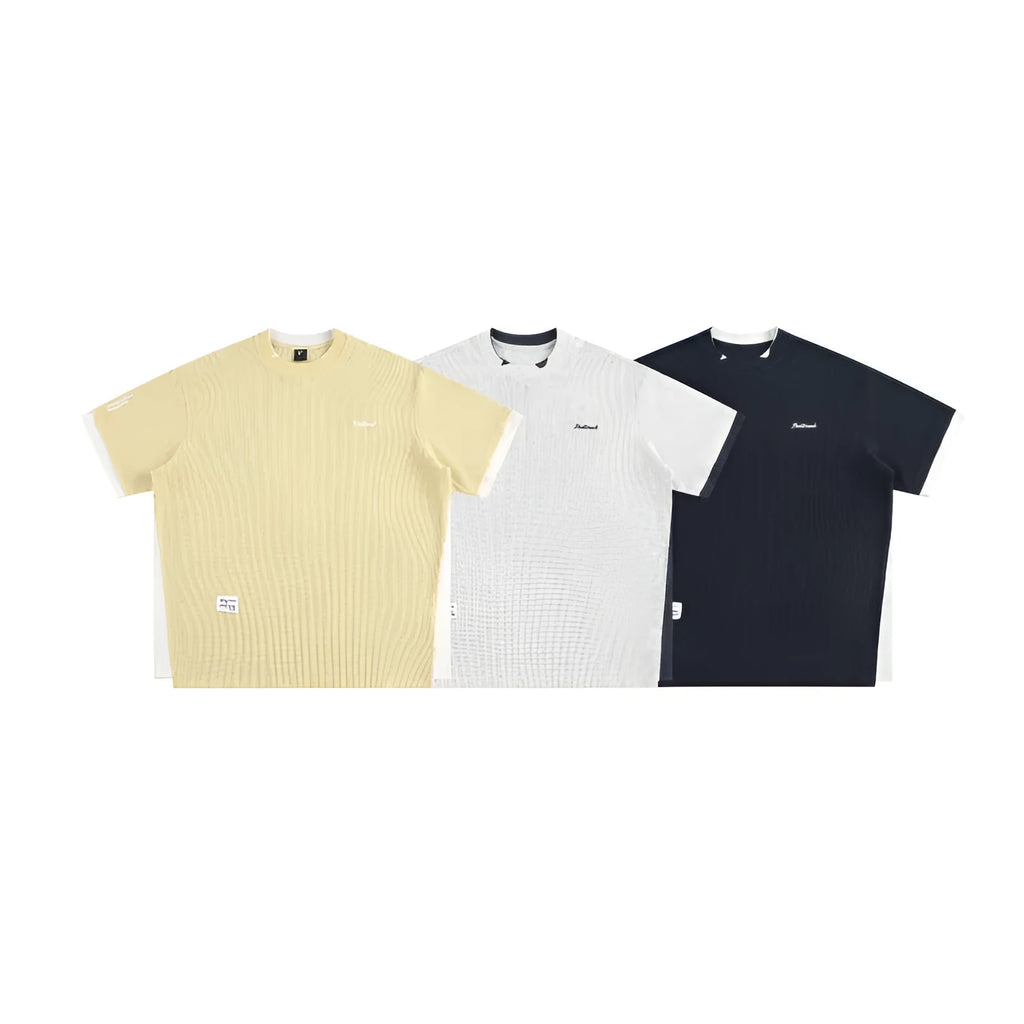 Retro alphabet embroidered waffle fabric T-shirt in loose fit with fake two-piece styling