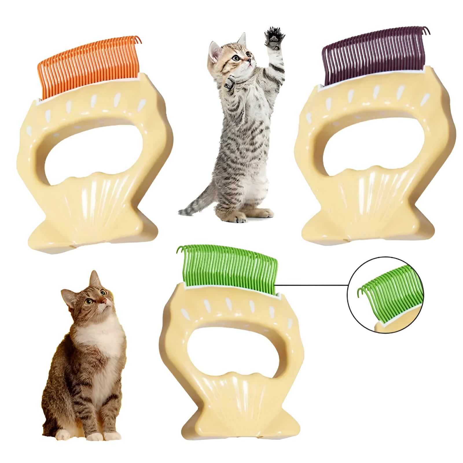 Shell-shaped plastic pet grooming comb with bent wire bristles and anti-slip handle in assorted colours.