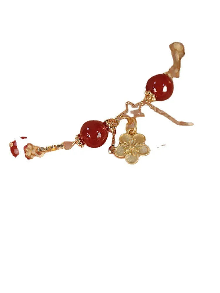 Red agate double layer women's bracelet with floral and peach blossom designs on natural stone