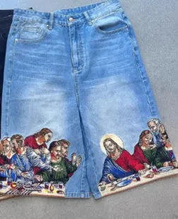 Men's cotton tapered shorts with Jesus printed back pocket detail in blue or black