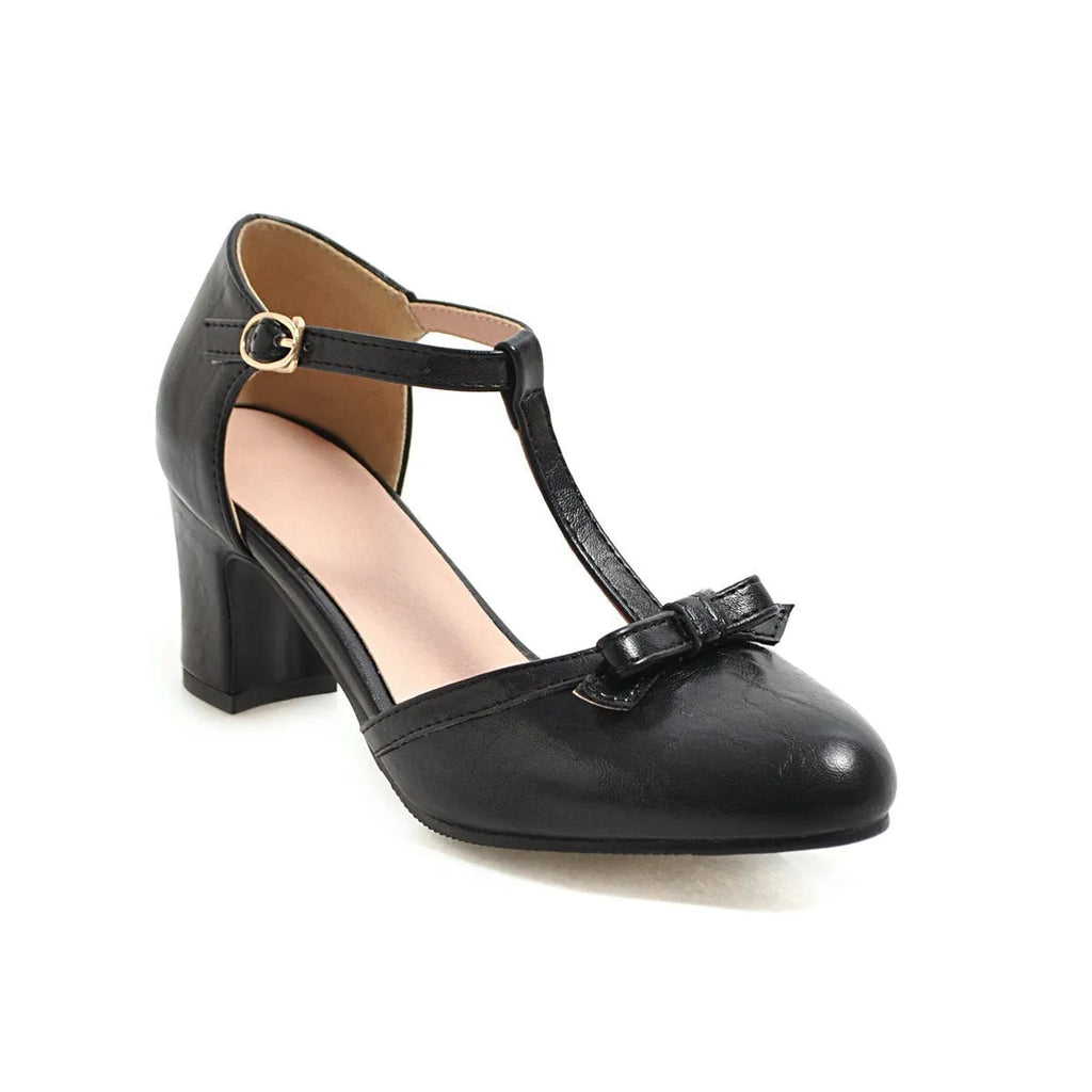 Women's apricot-coloured chunky heel sandals with a buckle strap and hollow-out round toe design.