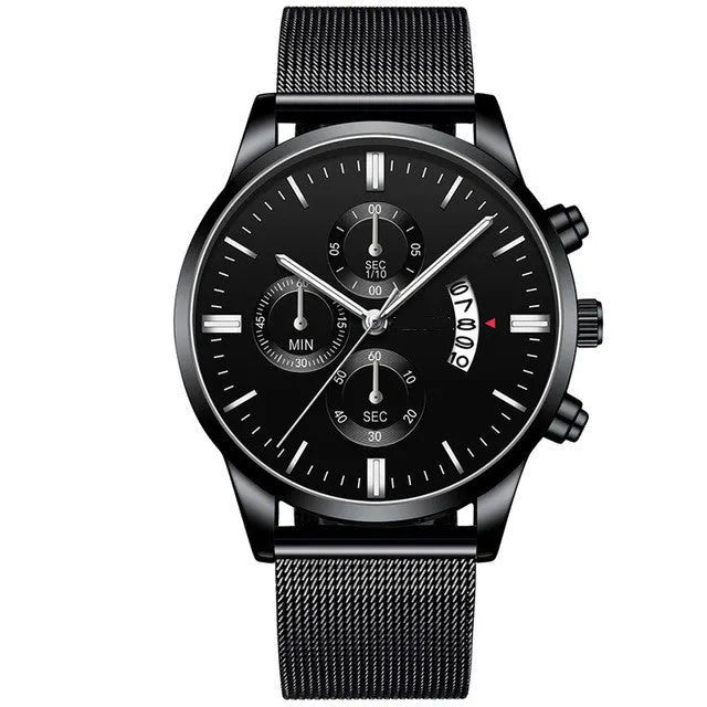 Men's stainless steel quartz watch with mesh band in a two-tone colour option.