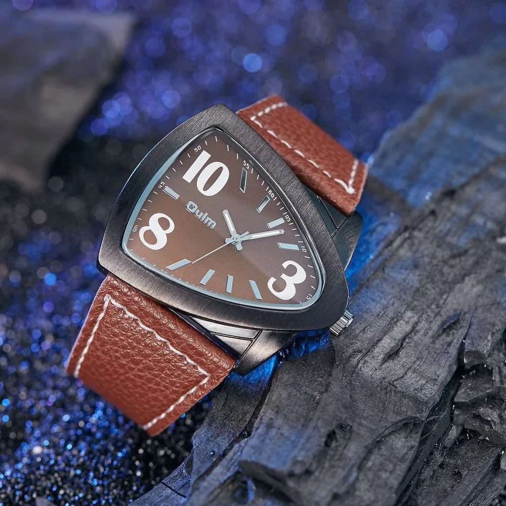 Men's brown casual watch with a patterned triangle belt strap and quartz dial.