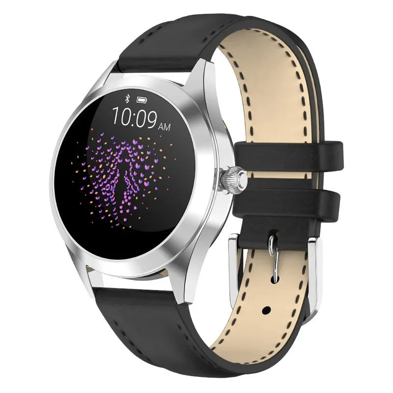 Women's sports smartwatch with heart rate monitoring on wrist showing black colour option