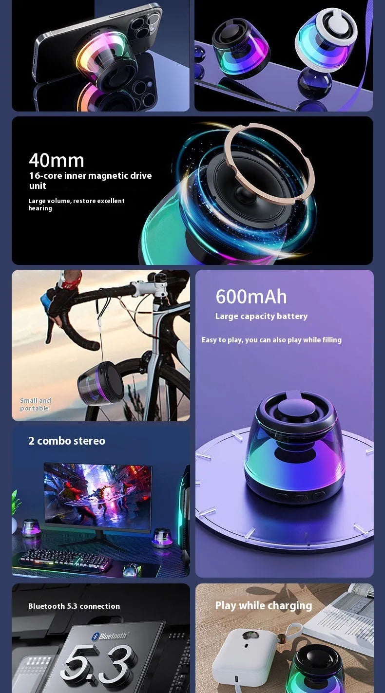 Compact white Bluetooth speaker with ambient lighting effects on metallic surface