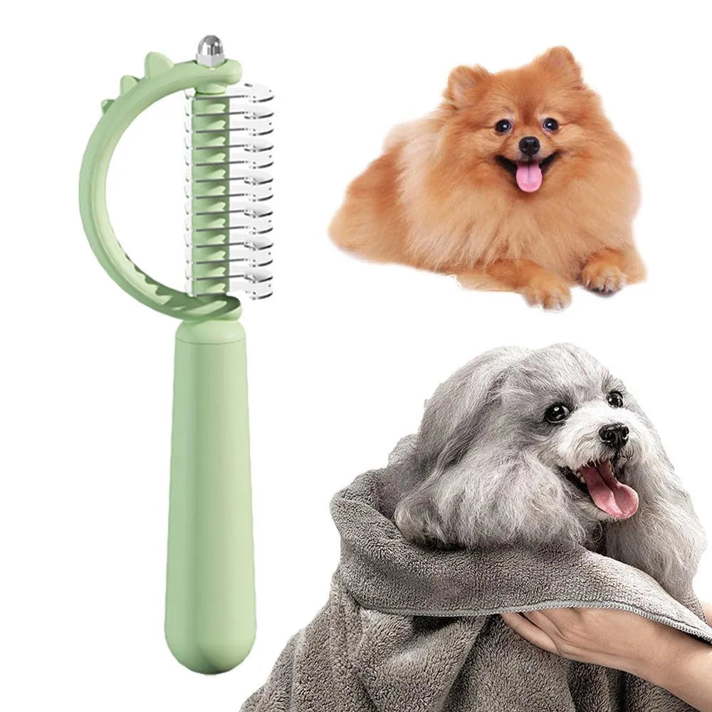 Blue dinosaur-shaped cat brush with stainless steel bristles and self-cleaning button