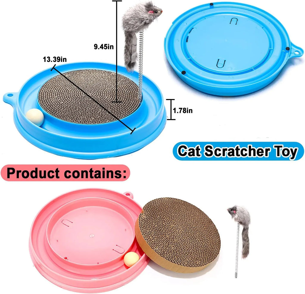Blue cat scratcher toy with ball track, replaceable scratch pad, and mouse swatter accessory on white background