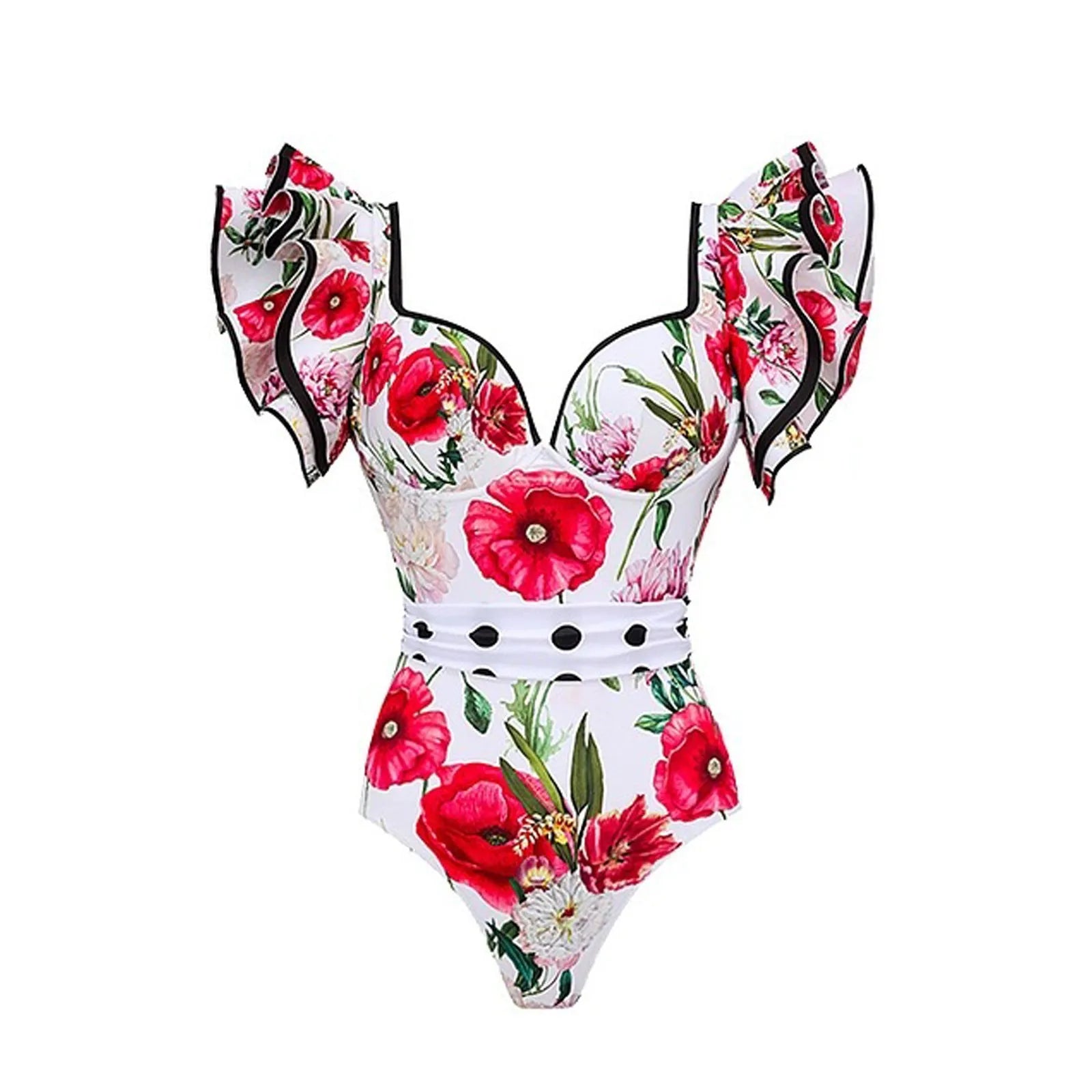 Women's printed one-piece swimsuit with a matching skirt cover-up in a rose pink floral pattern.