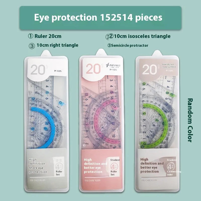 Transparent acrylic ruler set with square and protractor tools for drawing and geometry measurement