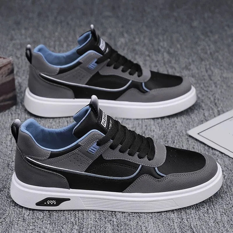 Men's low-top canvas board shoes with mesh lining in black, beige, and grey colours.