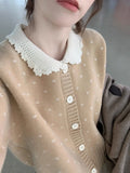 Retro Peter Pan collar floral patterned knitted cardigan coat in navy blue colour