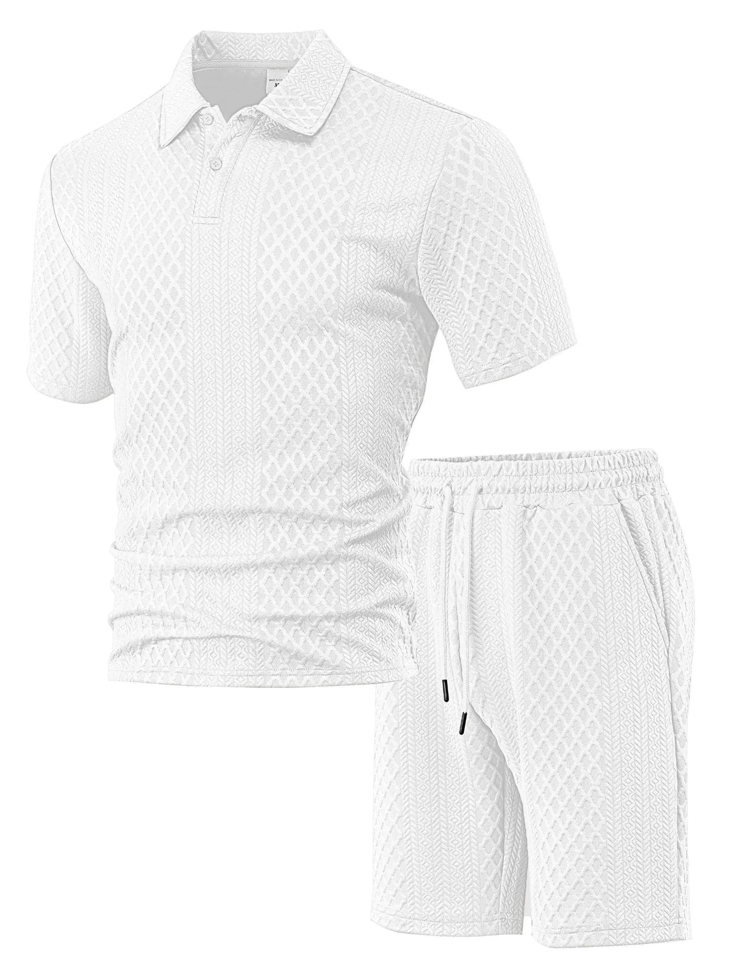 Men's patterned cloth casual suit comprising a short sleeve polo shirt and trousers on a hanger.