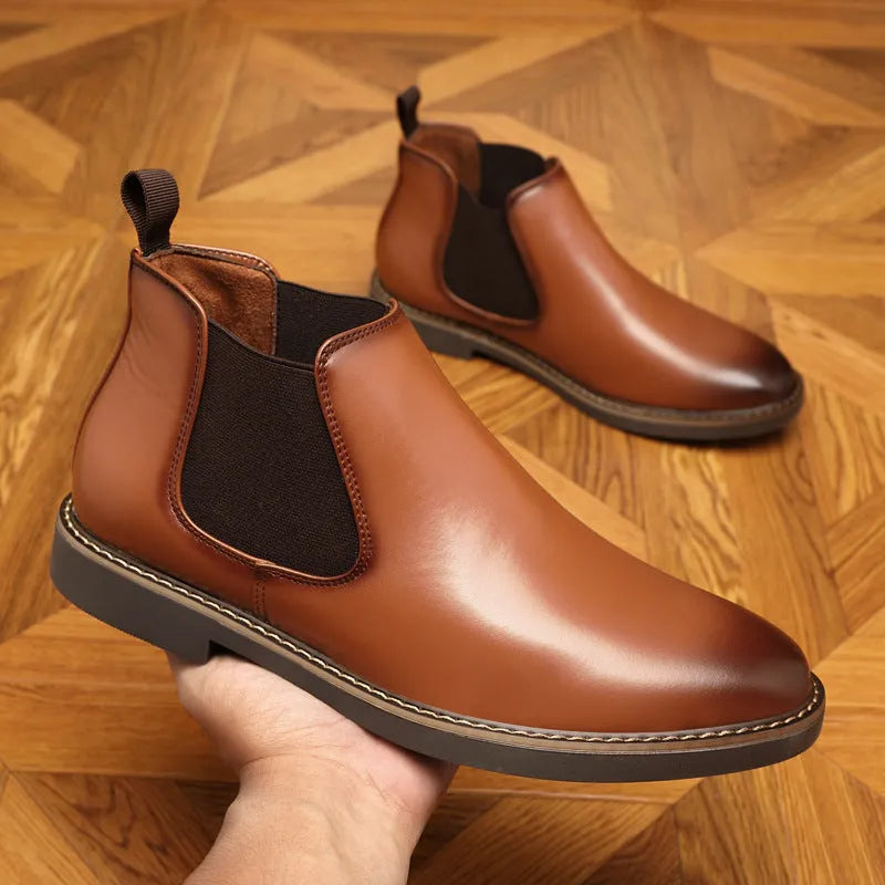 Men's black formal leather boots with pointed toe and square heel on rubber sole