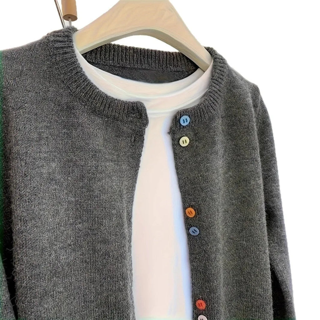 Women's dark grey polyester cardigan with button front and regular long sleeves
