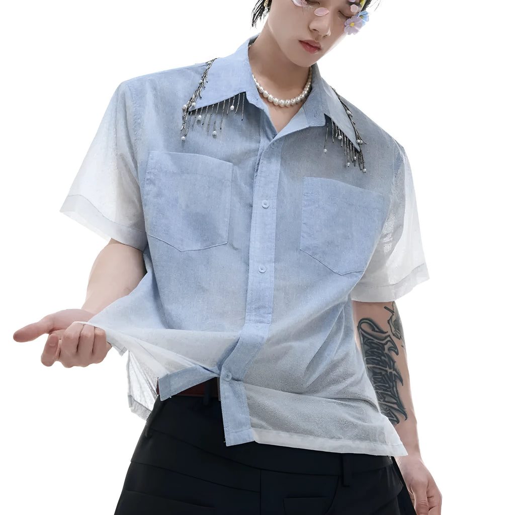 Men's blue and white gradient loose fit shirt with quilted texture and short sleeves