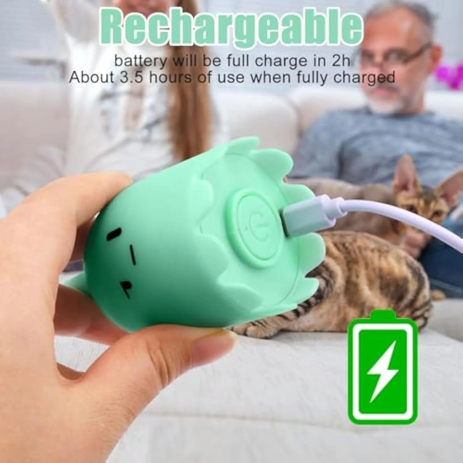Automatic electronic cat wand toy with swinging silicone tail on a green background