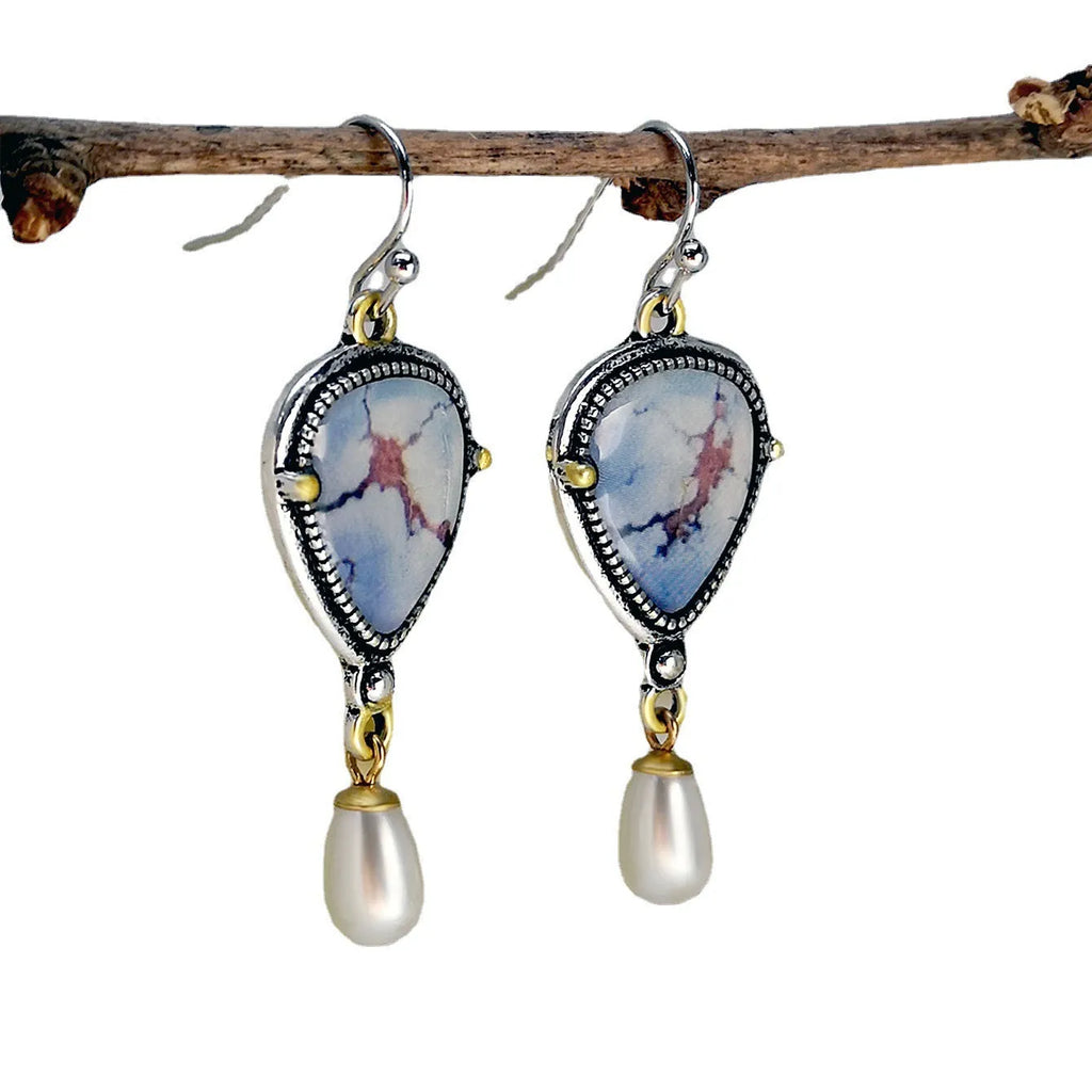 Retro blue geometric drop earrings with synthetic opal and pearl, two-colour electroplating