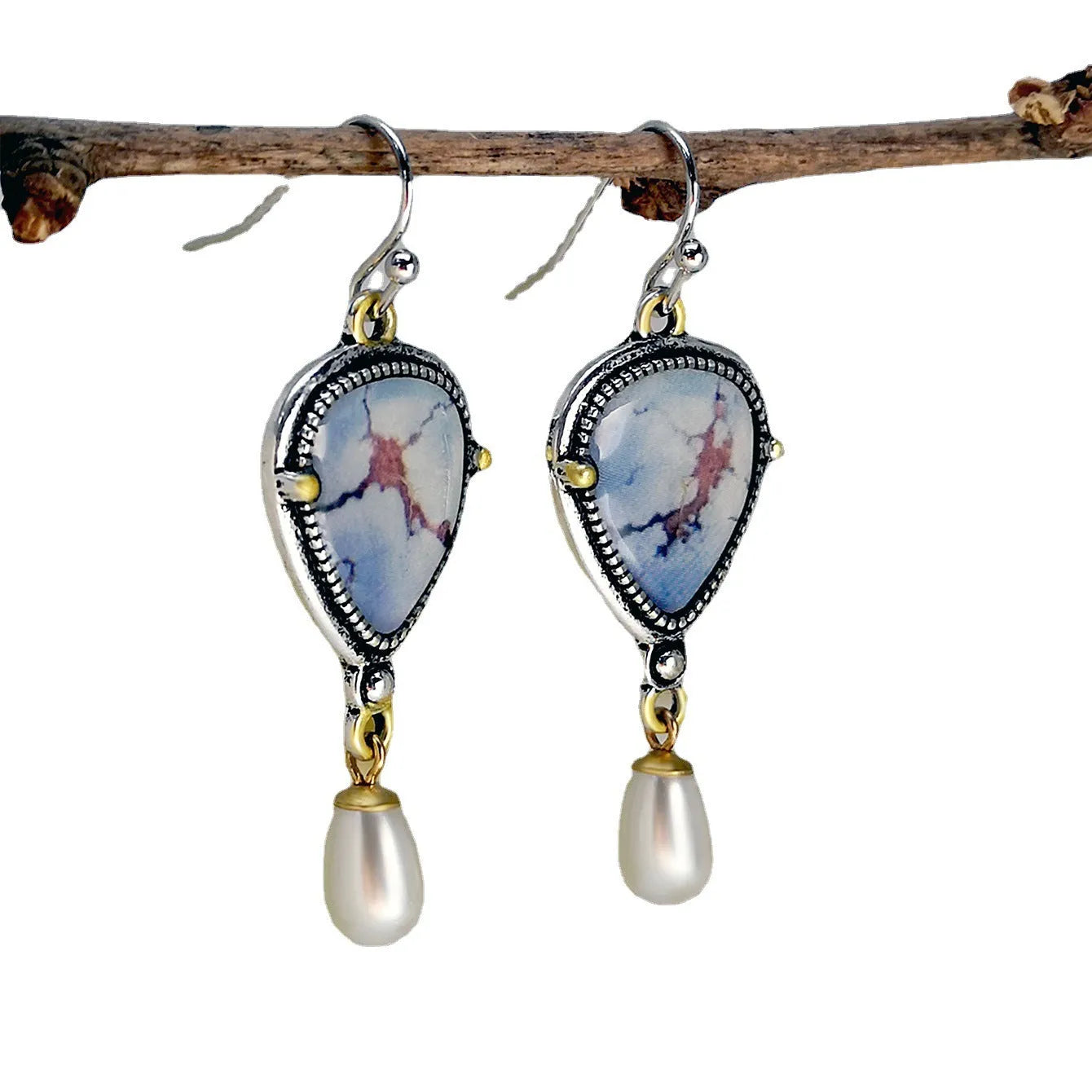 Retro blue geometric drop earrings with synthetic opal and pearl, two-colour electroplating