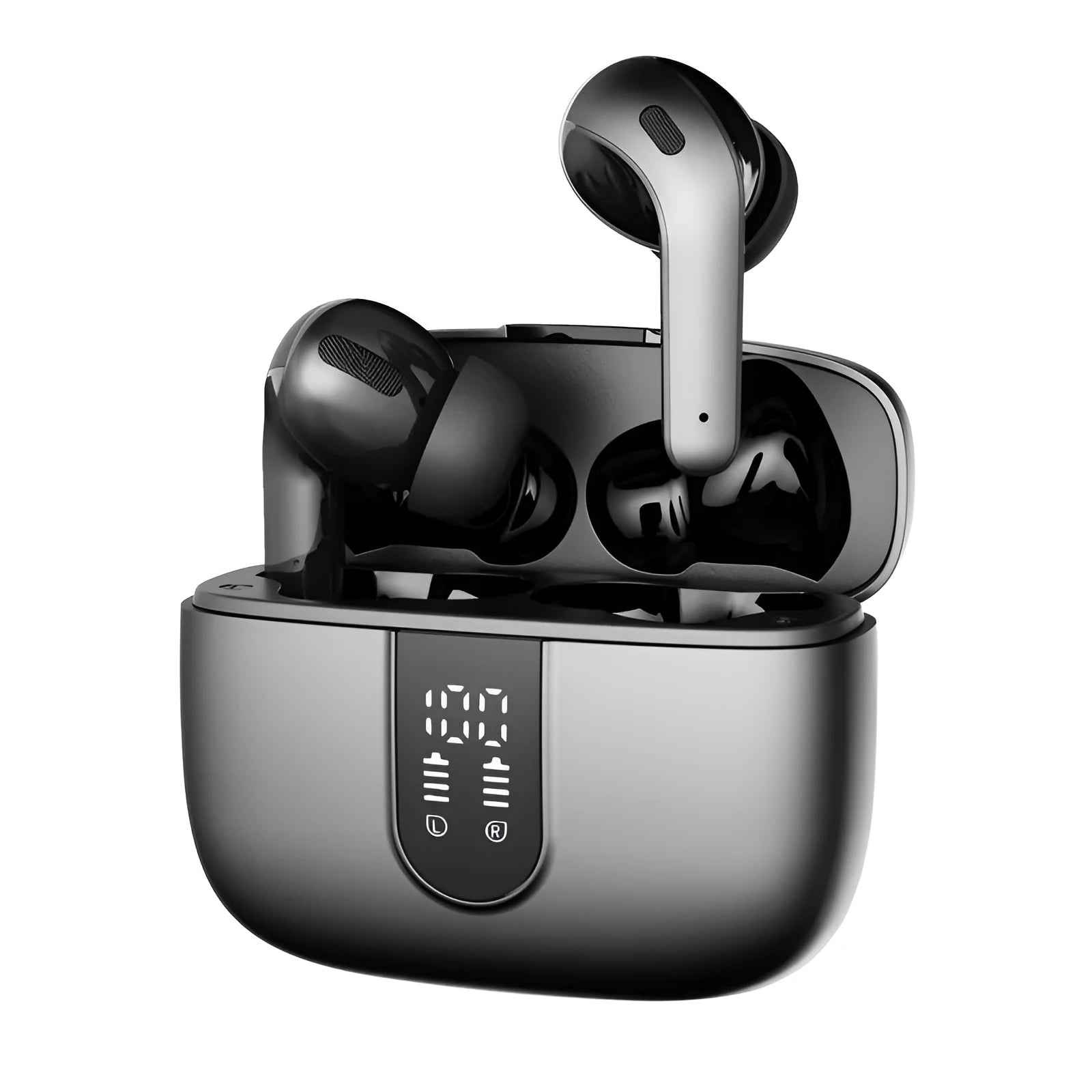 Jerry X08 wireless Bluetooth in-ear headset with digital display and USB charging case in Black, Grey, or White colours