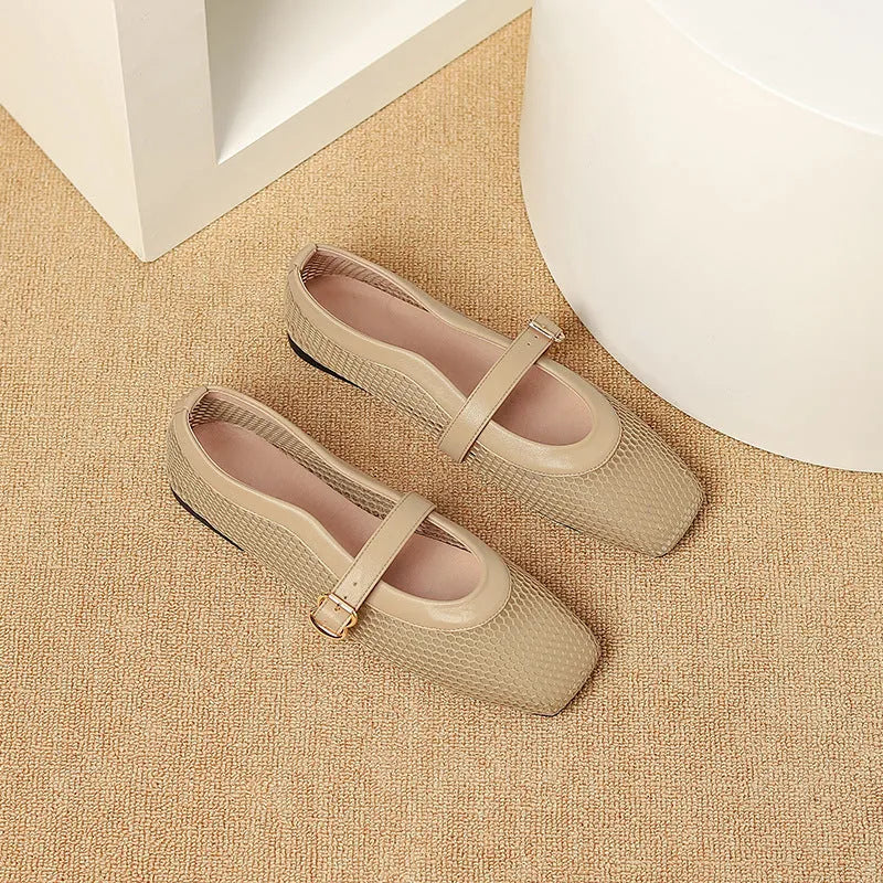 Women's black mesh summer shoes with square toe, low heel, and buckle fastening