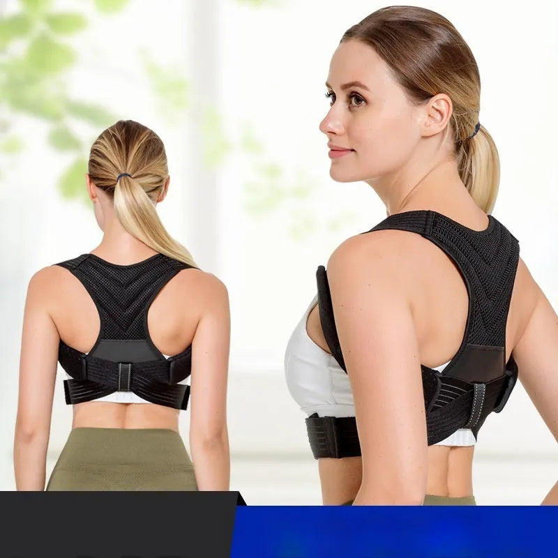 Black posture correction belt with open shoulder design shown on model