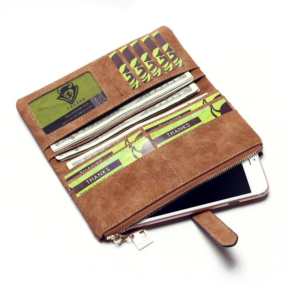 Korean retro matte Pu leather long wallet open showing card slots, note compartment and zip pocket