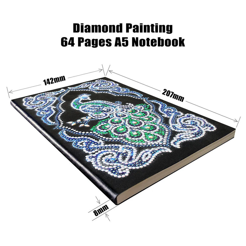 A5 peacock diamond painting notebook with shaped and bright drills, black cover, spiral binding