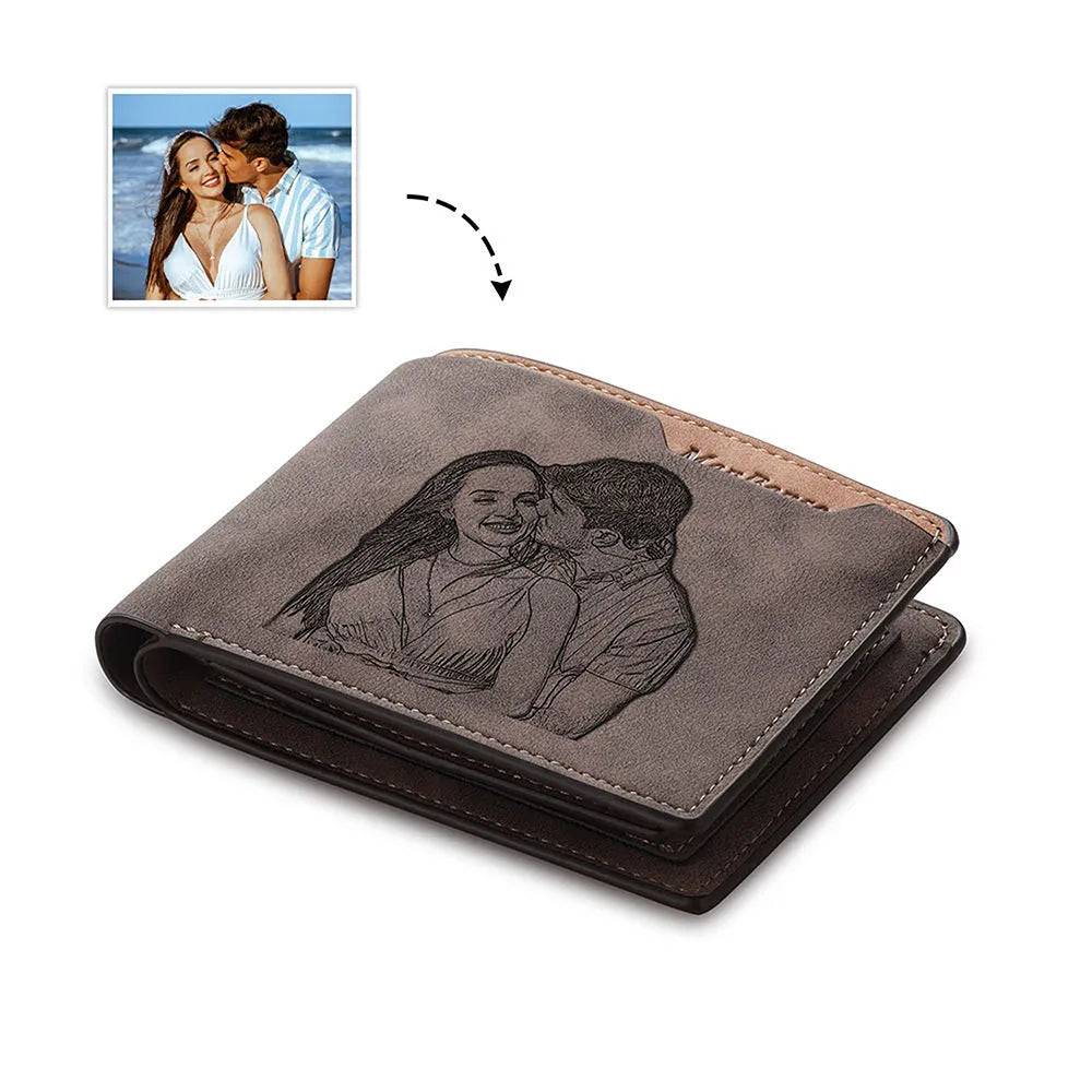 Engraved horizontal short wallet in coffee PU with seven card slots