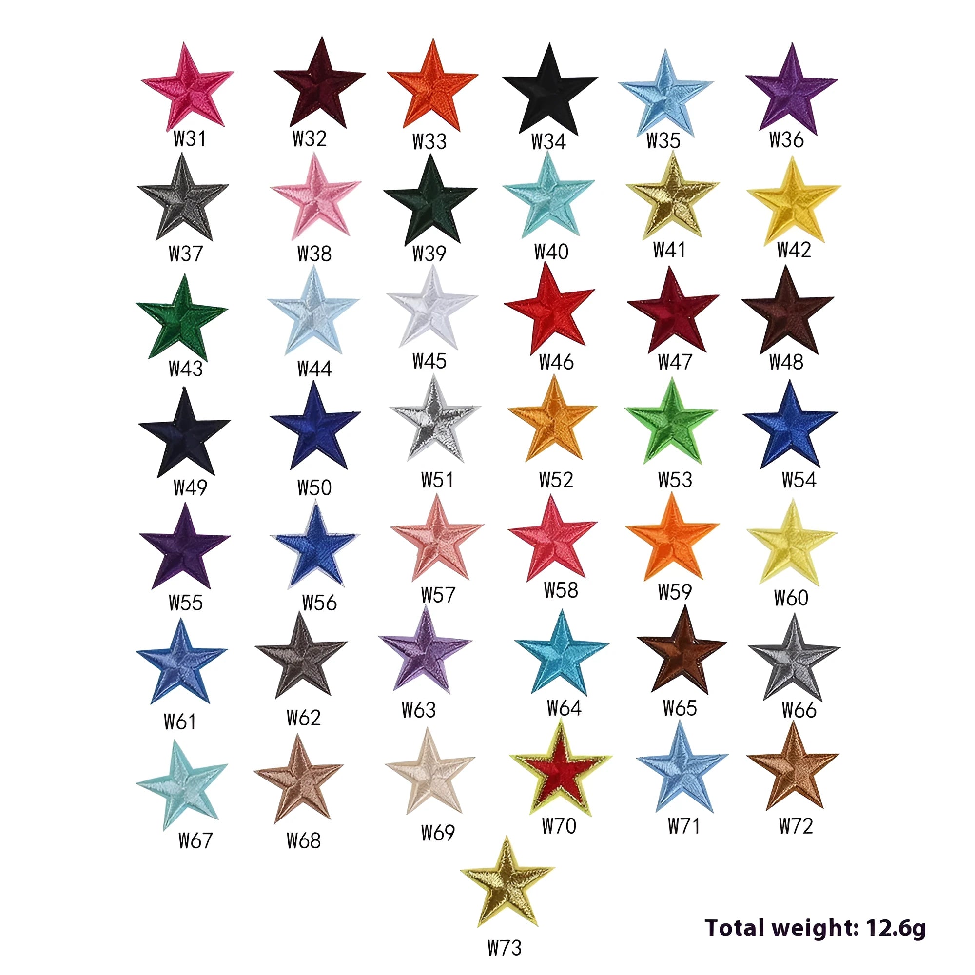 Colourful embroidered five-pointed star designs on cloth sticker labels for DIY clothing customisation.