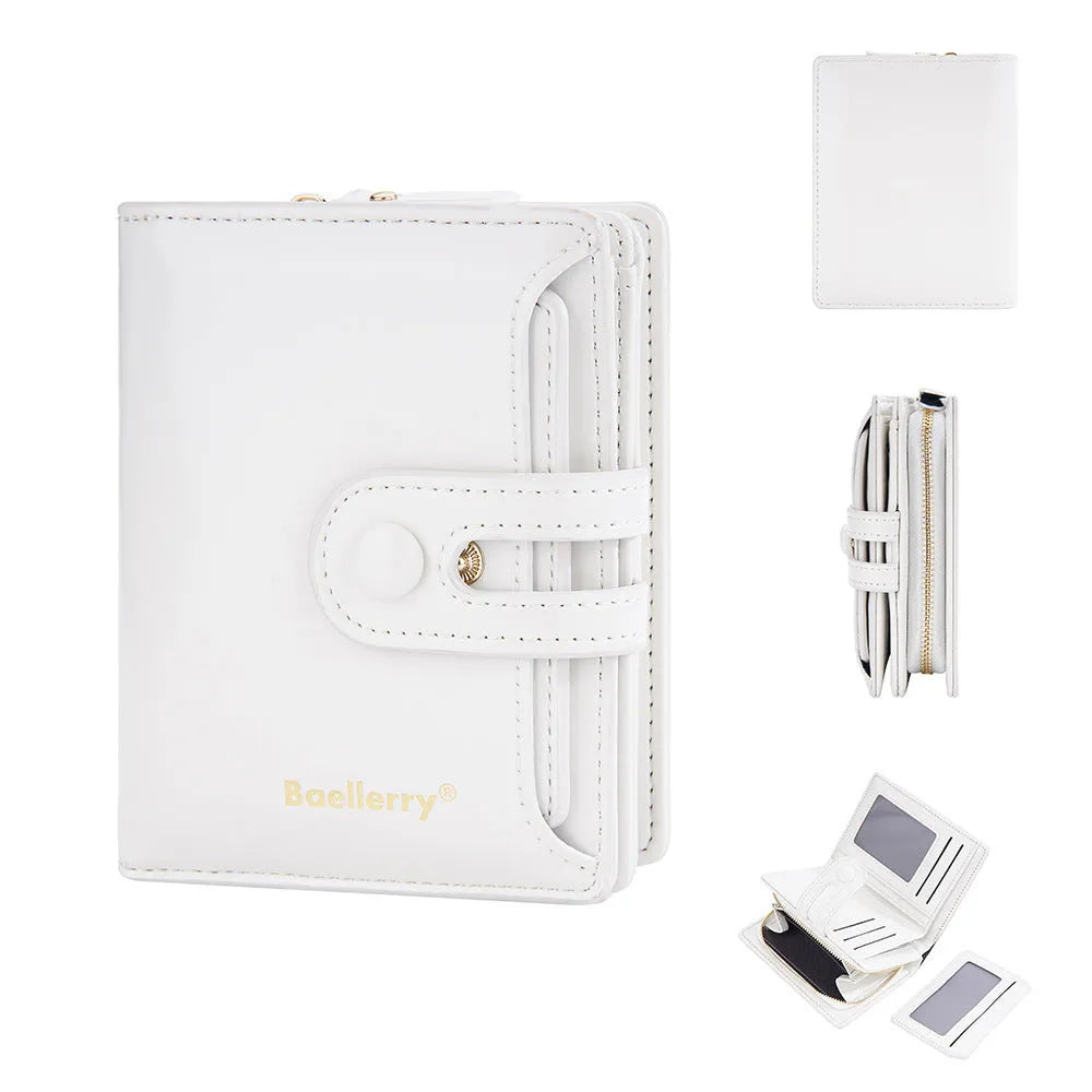 Women's PU leather card holder wallet shown in available colours: black, white, blue, red, green, brown, pink, orange.