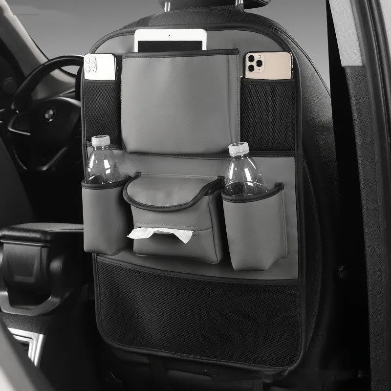 Leather car seat back storage bag in four colour options with suspended mounting