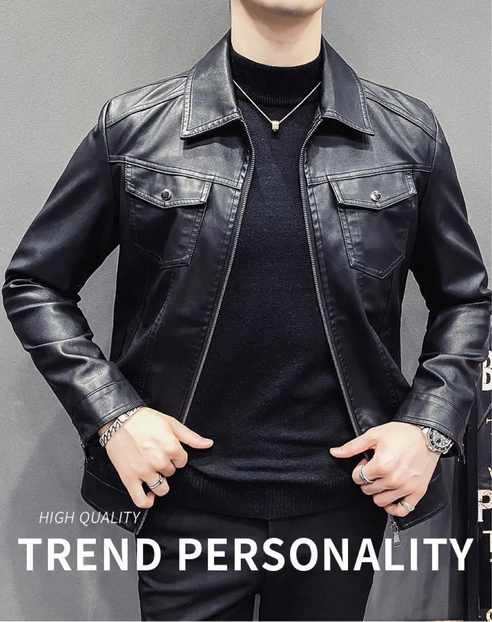Men's quilted PU leather jacket with short length, side pockets, on a hanger