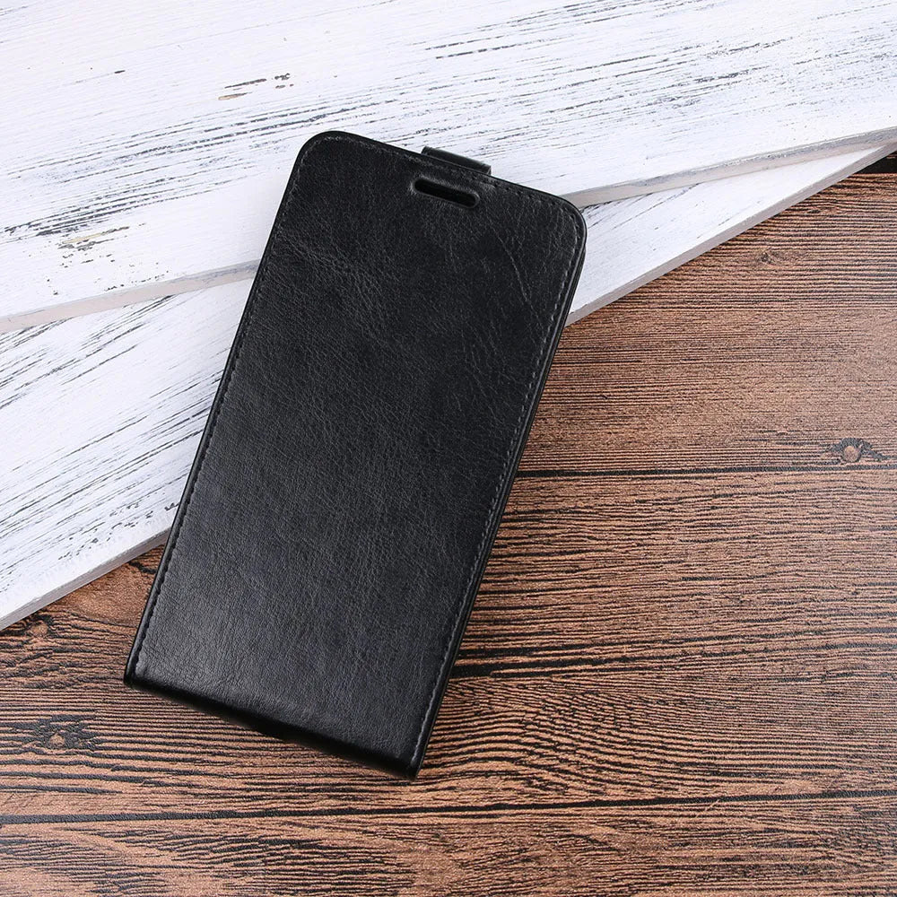 Black genuine leather wallet phone case for Huawei Honor 7X with a crazy horse pattern, showing open card slots.