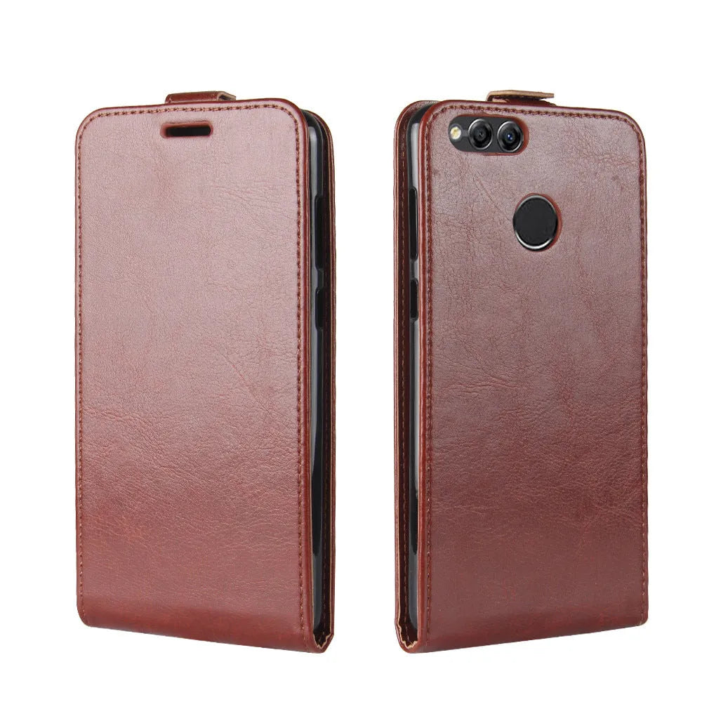 Black genuine leather wallet phone case for Huawei Honor 7X with a crazy horse pattern, showing open card slots.