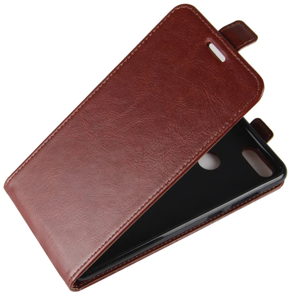 Black genuine leather wallet phone case for Huawei Honor 7X with a crazy horse pattern, showing open card slots.